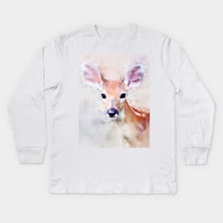 Dramabite Watercolor deer fawn roe elk bird artsy artistic painting wildlife Kids Long Sleeve T-Shirt